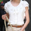 Image of Short Sleeve Ruffles Chiffon Blouse Solid White Casual Summer Blouses
