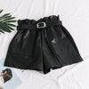Image of Elastic High Waist Loose PU Leather Shorts Women England Style Sashes Wide Leg Short Ladies Sexy Leather Shorts Autumn Winter