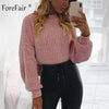 Image of Forefair Casual Turtleneck Sweater Woman Winter Knitting Pullovers Lantern Sleeve Short Black White Knitted Solid Jumper Women