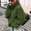 Image of Forefair Oversize Turtleneck Knitted Sweater Winter Knitwear Plus Size Slim Solid Green Orange White Warm Casual Sweater Women