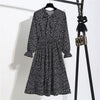 Image of New Chiffon summer Dress Women Bow Spring Small Floral Long Sleeve Polka Elastic Waist Leopard Vintage Pleated Collar Vestidos