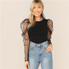 Image of Black Colorful Dot Puff Shoulder Mesh Gigot Sleeve Skinny Tee O-Neck T Shirt