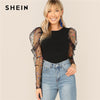 Image of Black Colorful Dot Puff Shoulder Mesh Gigot Sleeve Skinny Tee O-Neck T Shirt