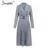 Image of Simplee Vintage pleated belt plaid dress women Elegant office ladies blazer dresses Long sleeve female autumn midi party dress