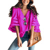 Image of V Neck Flared Sleeves Mesh Patchwork Shirts Summer Plus Size