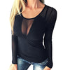 Image of Women Sexy Mesh Sheer Patchwork Neck Clubwear Top Blouse Pure Color Long Sleeve Shirts