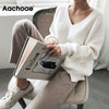 Image of Womens Sweaters 2020 Autumn Winter Casual V Neck Women Pullover Sweater Solid Long Sleeve Fashion Loose Knitted Cashmere Top