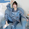 Image of JULY'S SONG 2 Piece Autumn Women Sleepwear Faux Silk Satin Pajamas Set Long Sleeve Sleepwear Pajamas Suit Female Homewear