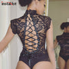 Image of InstaHot Mesh Lace Bodysuit Women Sexy Backless Lace Up Sleeveless Rompers Party Club Ruffles Black White Slim Bodysuit 2019 New