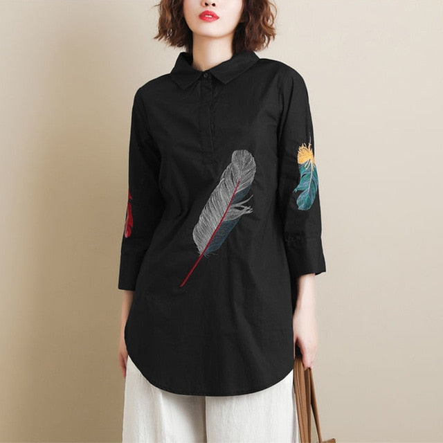 100% Cotton Plus size Feather Embroidery White Long Blouse Women 3/4