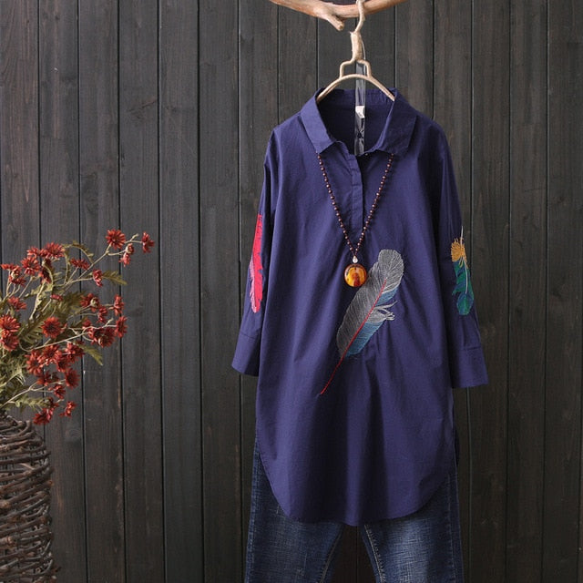 100% Cotton Plus size Feather Embroidery White Long Blouse Women 3/4