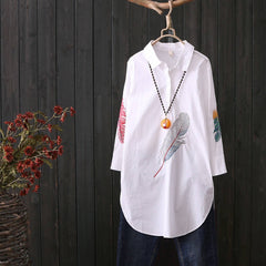 100% Cotton Plus size Feather Embroidery White Long Blouse Women 3/4