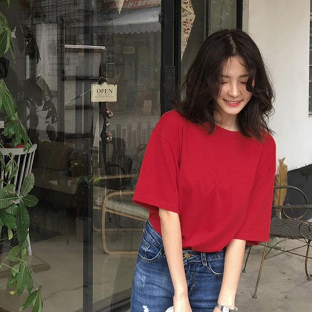 Casual Solid Ladies Black White Cotton Oversize T Shirt