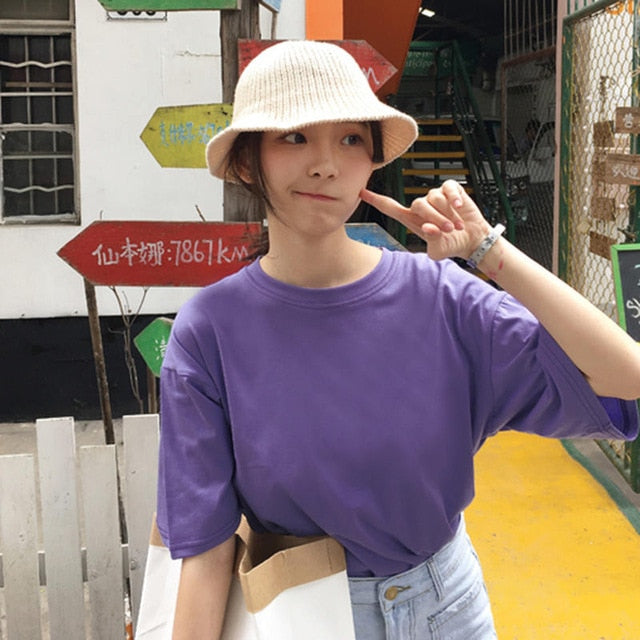 Casual Solid Ladies Black White Cotton Oversize T Shirt