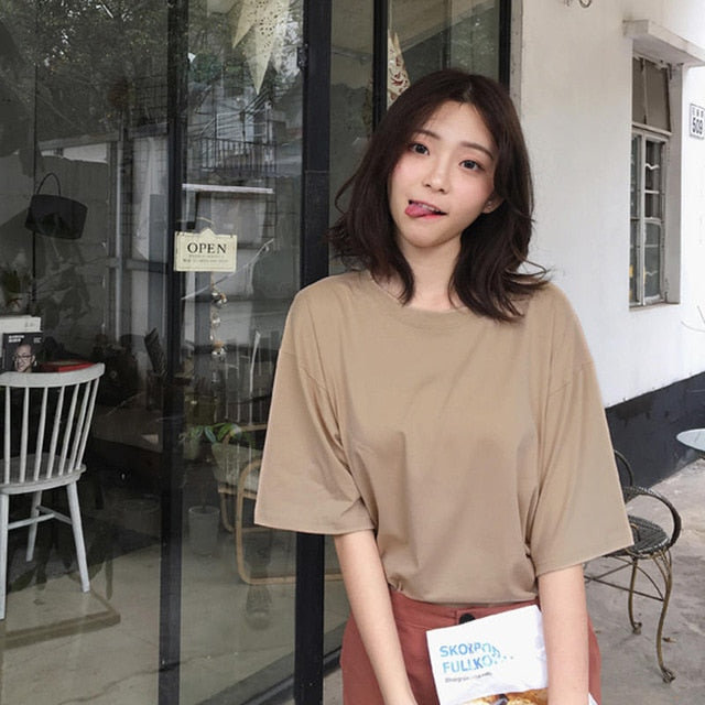 Casual Solid Ladies Black White Cotton Oversize T Shirt
