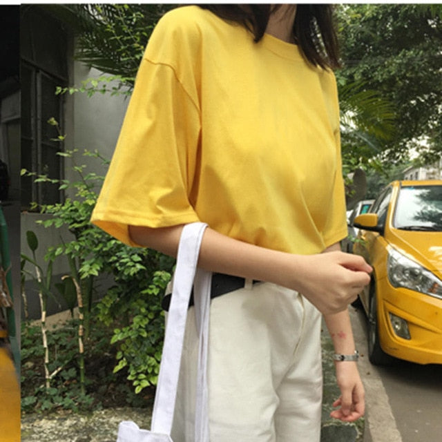 Casual Solid Ladies Black White Cotton Oversize T Shirt
