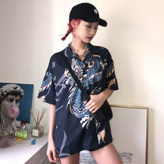 Summer Women Harajuku Blouse Women Dragon Print Short Sleeve Blouses Shirts Female Streetwear