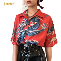 Summer Women Harajuku Blouse Women Dragon Print Short Sleeve Blouses Shirts Female Streetwear