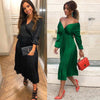 Image of Women Off Shoulder Long Sleeve V Neck Elegant Fit Flare Dress