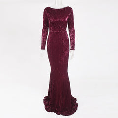 2020 Elegant O Neck Long Sleeve Sparkle Sequin Maxi Dress