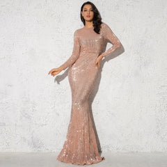 2020 Elegant O Neck Long Sleeve Sparkle Sequin Maxi Dress