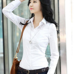 Summer Qualitie Women Office Lady Formal Career Long Sleeve Bodycon Collar Shirt