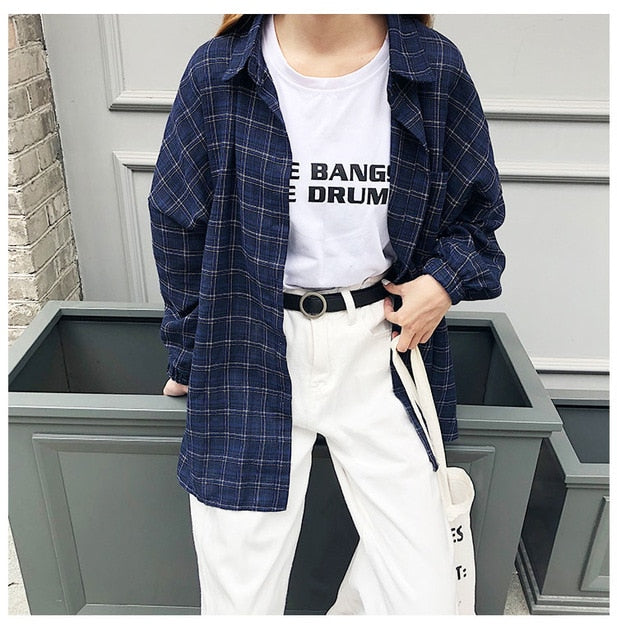 Woman Vent Vintage Plaid Shirt Single Breasted Turn down Collar
