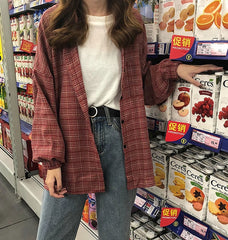 Woman Vent Vintage Plaid Shirt Single Breasted Turn down Collar