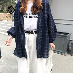 Woman Vent Vintage Plaid Shirt Single Breasted Turn down Collar