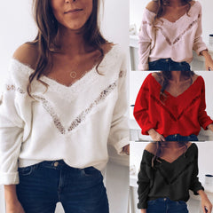 Sexy Low Cut Lace Patchwork White Long Sleve Women Blouse Sexy and Blouse Fall Women