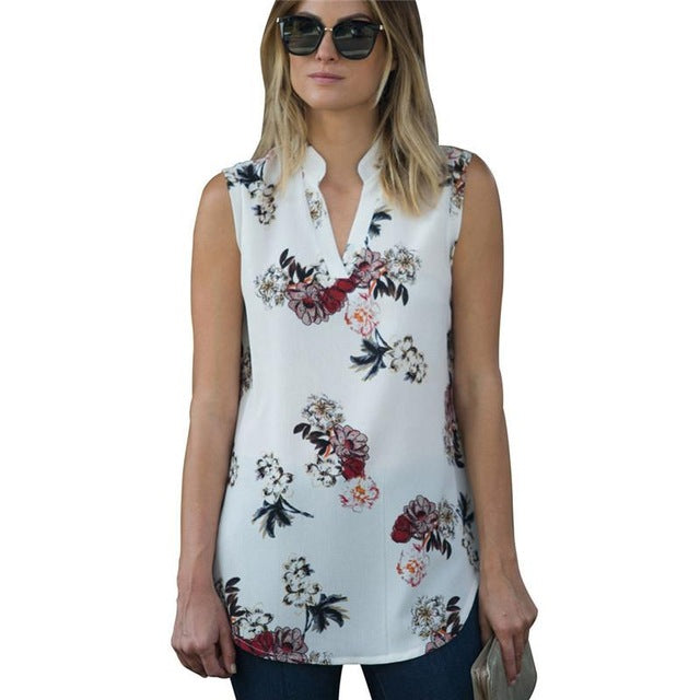 Chiffon Women Blouses Vintage Floral Print Blouse Sexy V Neck Sleeveless