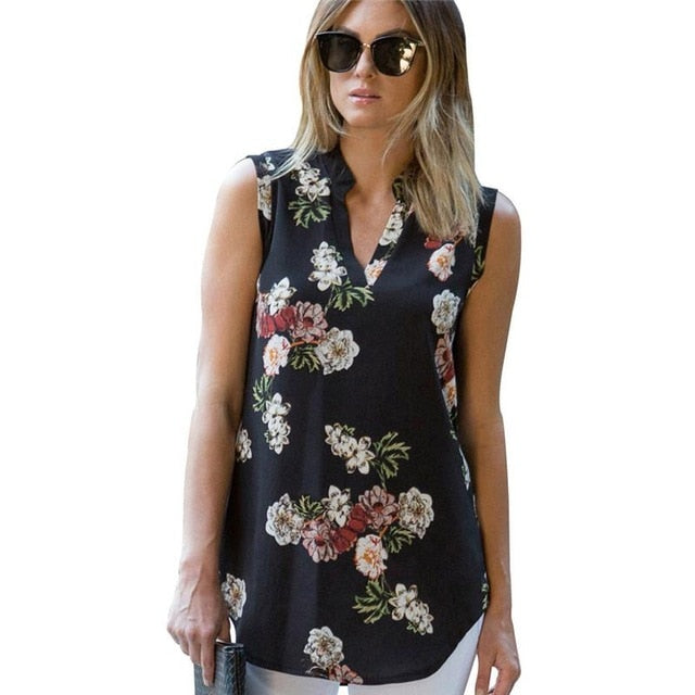 Chiffon Women Blouses Vintage Floral Print Blouse Sexy V Neck Sleeveless