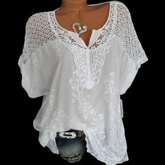 Short Sleeve Women's Blouses And Loose White Lace Patchwork Shirt