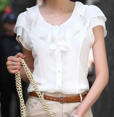 Short Sleeve Ruffles Chiffon Blouse Solid White  Casual Summer Blouses