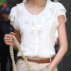 Short Sleeve Ruffles Chiffon Blouse Solid White  Casual Summer Blouses