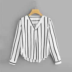 Autumn Long Sleeve V Neck Irregular Stripe Shirt for Women Blouses