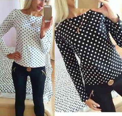 Autumn Women Bodycon Long Sleeve Polka Dot Casual Top Blouse Chiffon Shirt Tee