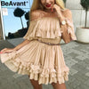 Image of BeAvant Off shoulder strap chiffon summer dresses Women ruffle pleated short dress pink Elegant holiday loose beach mini dress