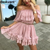 Image of BeAvant Off shoulder strap chiffon summer dresses Women ruffle pleated short dress pink Elegant holiday loose beach mini dress