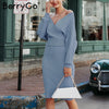 Image of BerryGo Sexy v-neck knitted dress women Two-piece batwing sleeve female sweater dress Elegant pure ladies bodycon midi vestidos