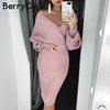 Image of BerryGo Sexy v-neck knitted dress women Two-piece batwing sleeve female sweater dress Elegant pure ladies bodycon midi vestidos