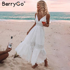 BerryGo White pearls sexy women summer dress 2019 Hollow out embroidery maxi cotton dresses Evening party long ladies vestidos