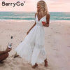 Image of BerryGo White pearls sexy women summer dress 2019 Hollow out embroidery maxi cotton dresses Evening party long ladies vestidos