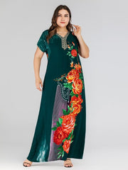 Boho Ethnic Women Short Sleeve Maxi Dress Plus Size Loose Print Floral Dresses Summer V-neck Casual Loose Kaftan Dubai Dress New