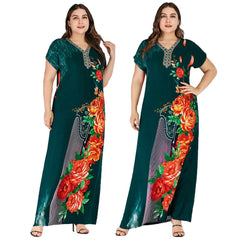 Boho Ethnic Women Short Sleeve Maxi Dress Plus Size Loose Print Floral Dresses Summer V-neck Casual Loose Kaftan Dubai Dress New