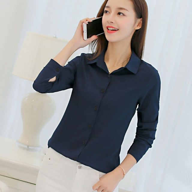 Long Sleeve Lapel White Blouse Office Ladies Work Blouses