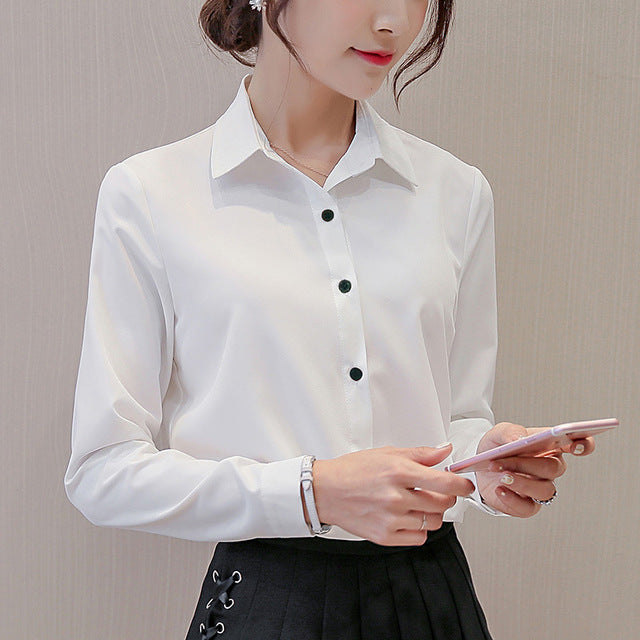 Long Sleeve Lapel White Blouse Office Ladies Work Blouses