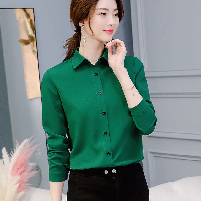 Long Sleeve Lapel White Blouse Office Ladies Work Blouses