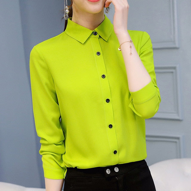 Long Sleeve Lapel White Blouse Office Ladies Work Blouses