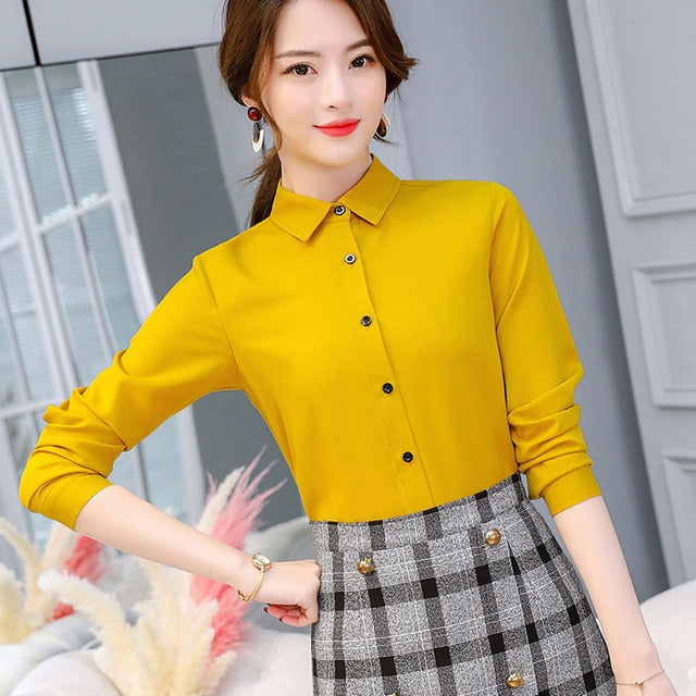 Long Sleeve Lapel White Blouse Office Ladies Work Blouses